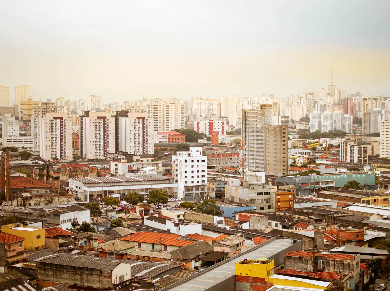 Vista de São Paulo, com prédios ao fundo e casas e galpões em primeiro plano, sob uma luz clara e quente.